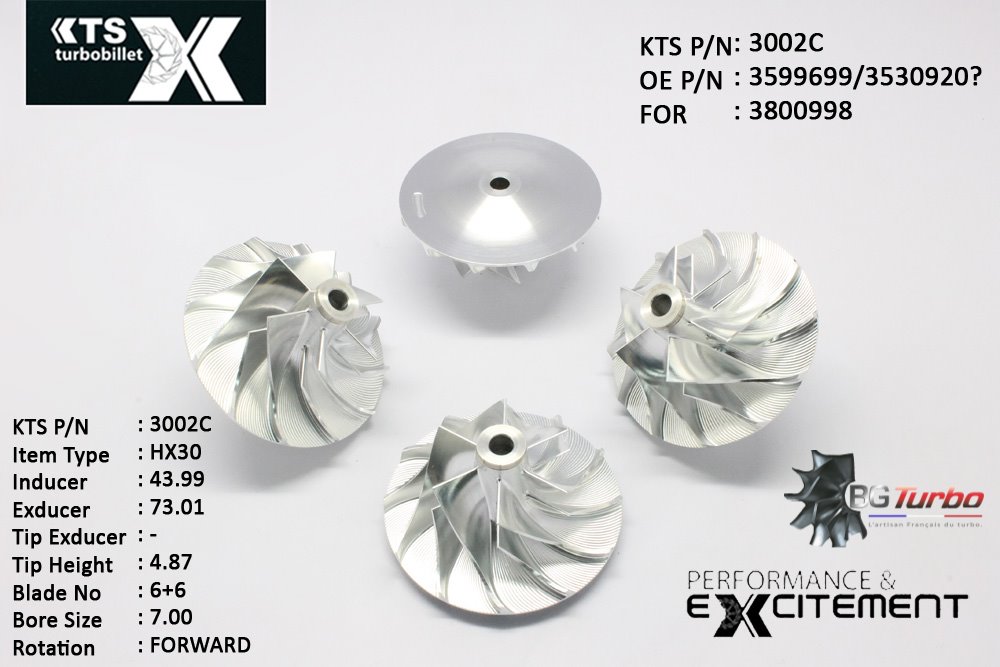 Turbo ROUE FORGÉE MFS PERFORMANCE - 6+6 PALES - INDUCER : 43,99 - EXDUCER : 73,01 - TYPE : HX30ANGLE : 75-90° - ROTATION : Forward - SUPER BACK : 4,99 - BORE SIZE : 7
